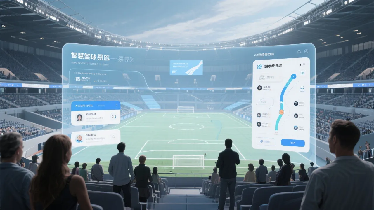 智慧体育场馆内的观众与手机导览界面叠加，体现数据化运营与沉浸式体验