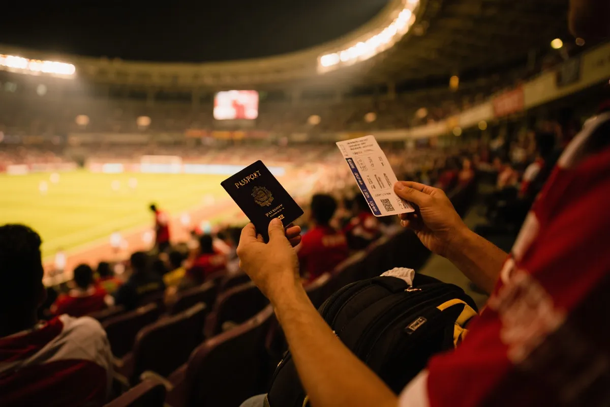 世界杯现场看台氛围与球迷手持机票护照的旅行准备画面，纪实摄影风格