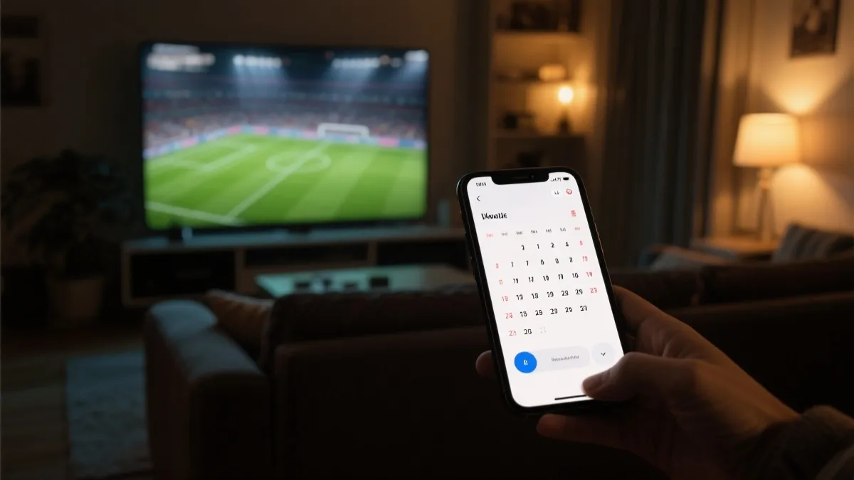 夜晚客厅观赛场景：手机日历提醒与电视比赛画面，温暖灯光